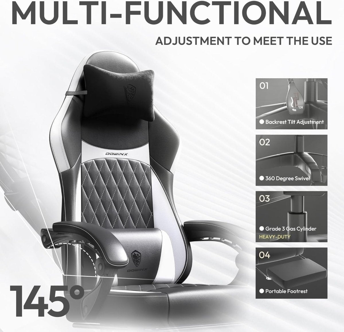 Ergonomic Gaming Chair w/ Footrest Massage Recline Black White - Kwikley