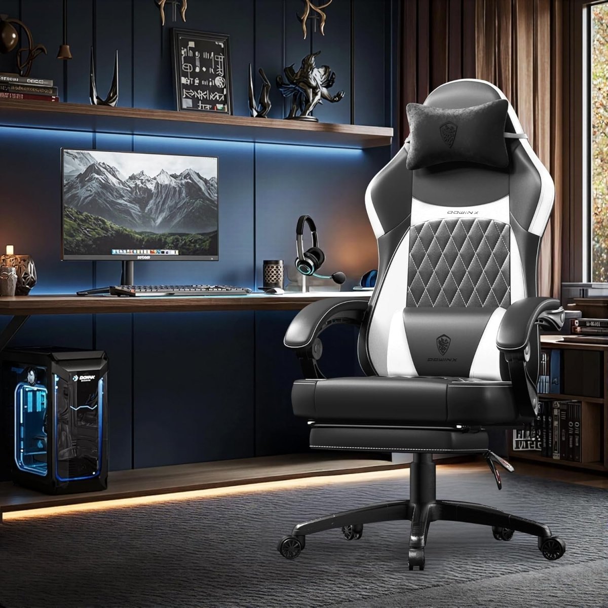 Ergonomic Gaming Chair w/ Footrest Massage Recline Black White - Kwikley