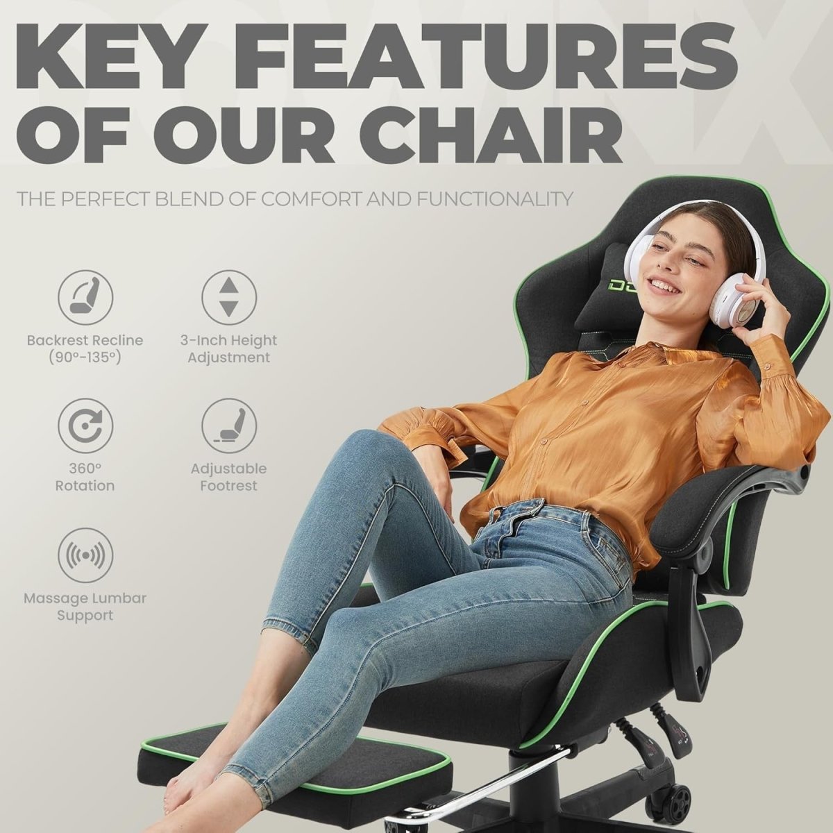 Ergonomic Gaming Chair with Footrest Massage 150kg Black Green - Kwikley