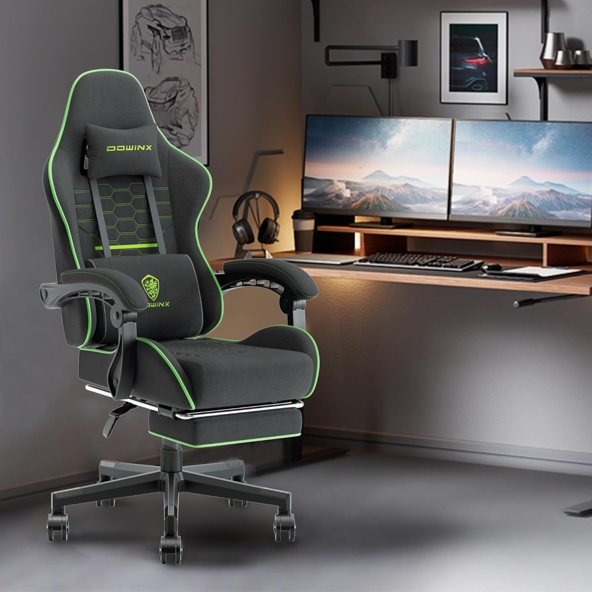 Ergonomic Gaming Chair with Footrest Massage 150kg Black Green - Kwikley