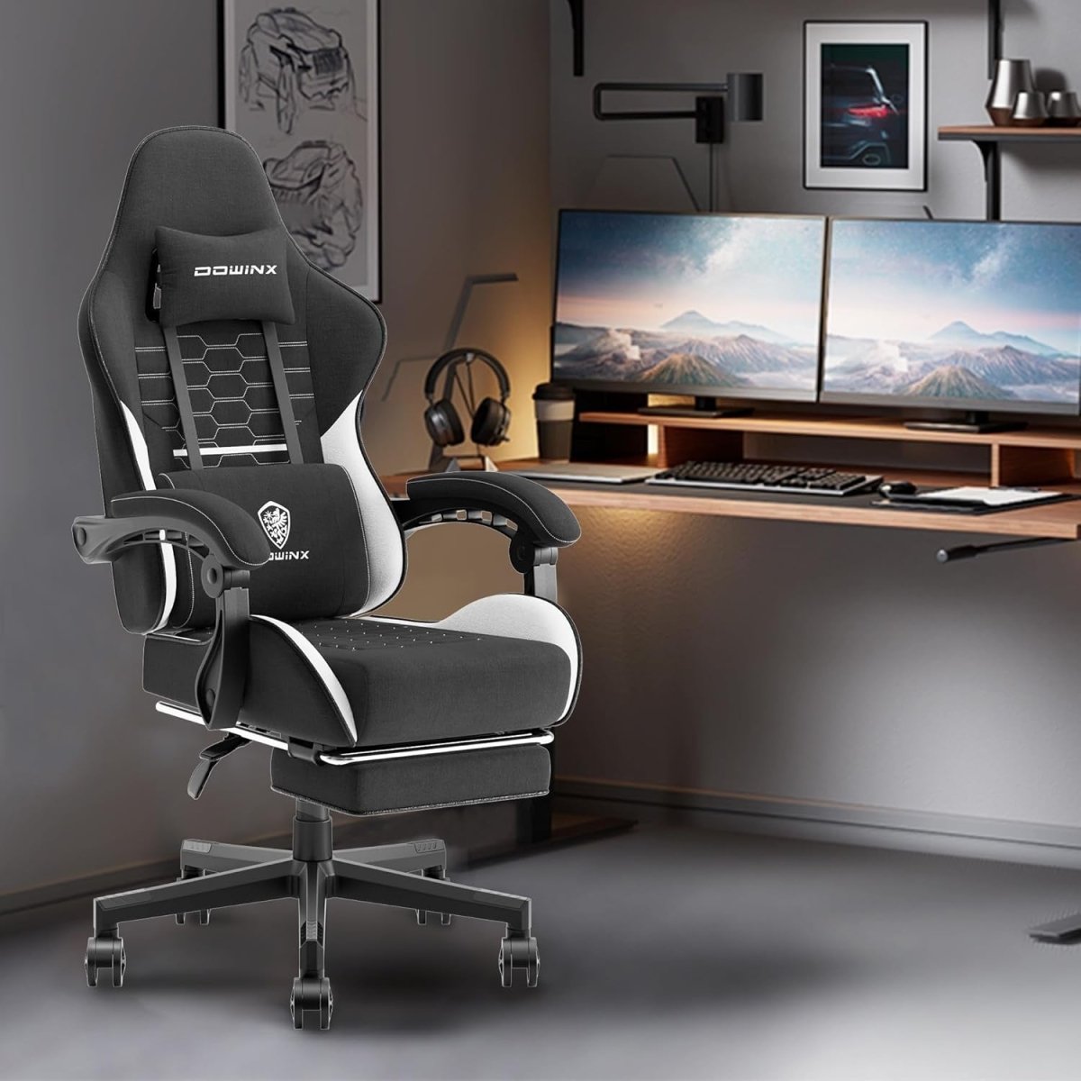 Ergonomic Gaming Chair with Footrest Massage 150kg Black White - Kwikley