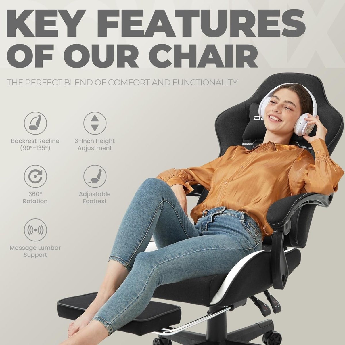 Ergonomic Gaming Chair with Footrest Massage 150kg Black White - Kwikley
