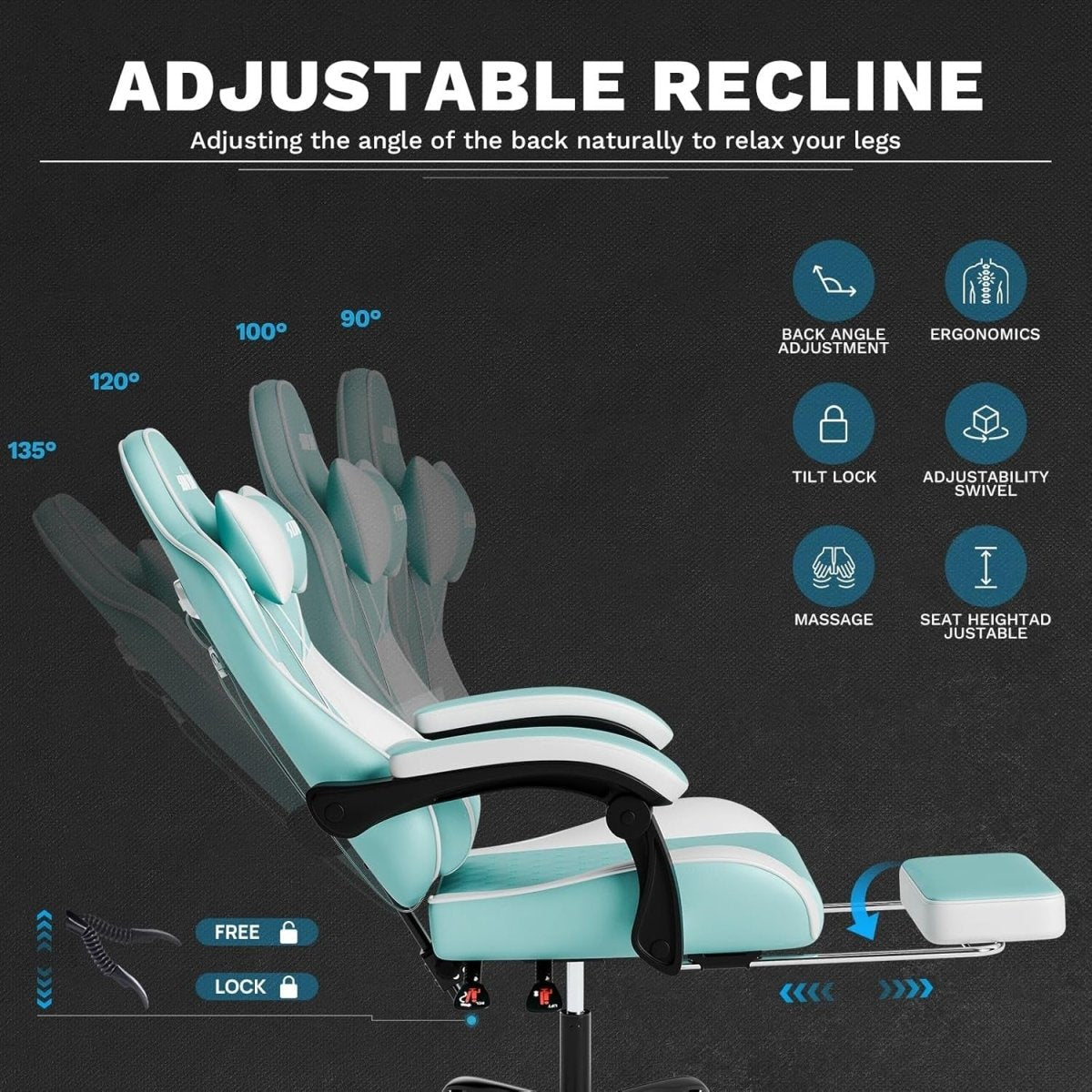 Ergonomic Gaming Chair with Footrest & Massage – Light Blue PC Seat - Kwikley
