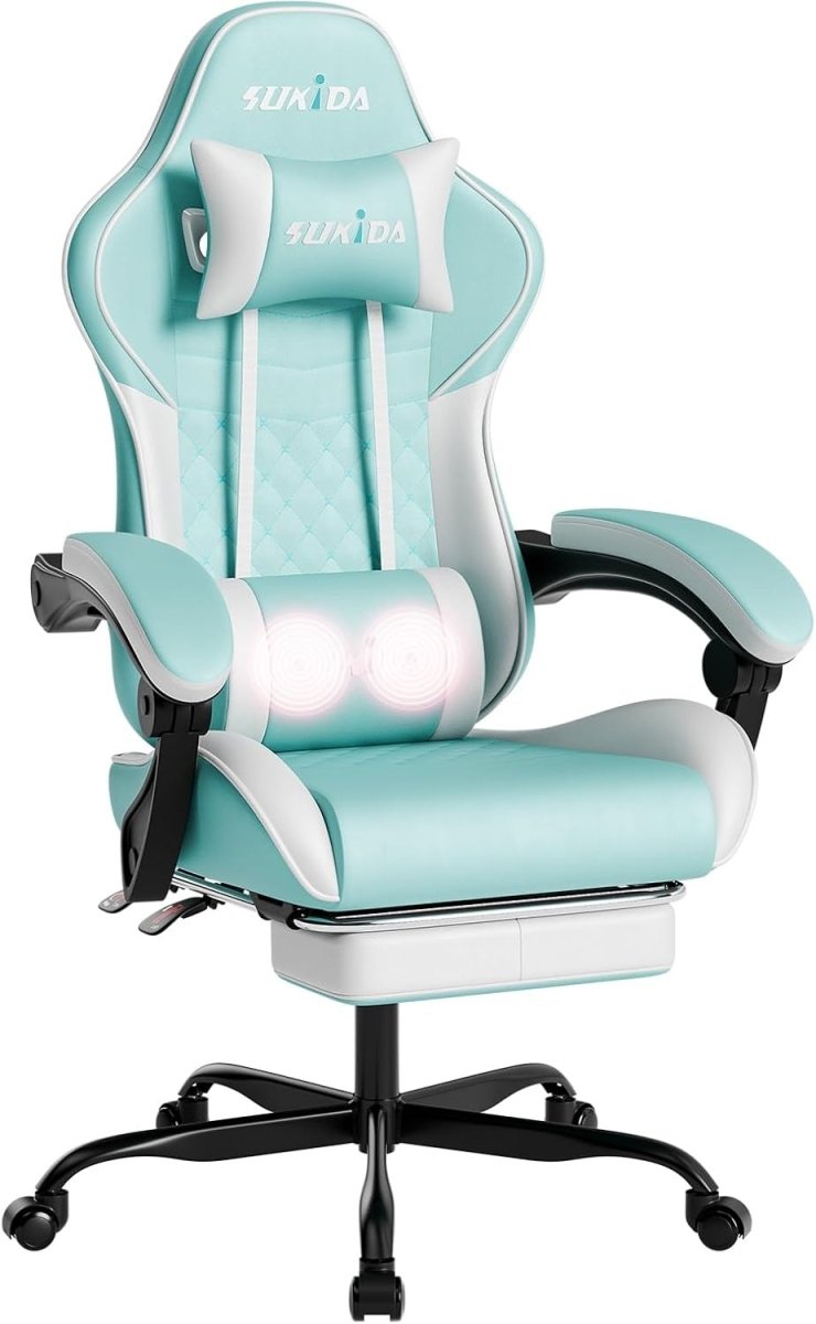 Ergonomic Gaming Chair with Footrest & Massage – Light Blue PC Seat - Kwikley