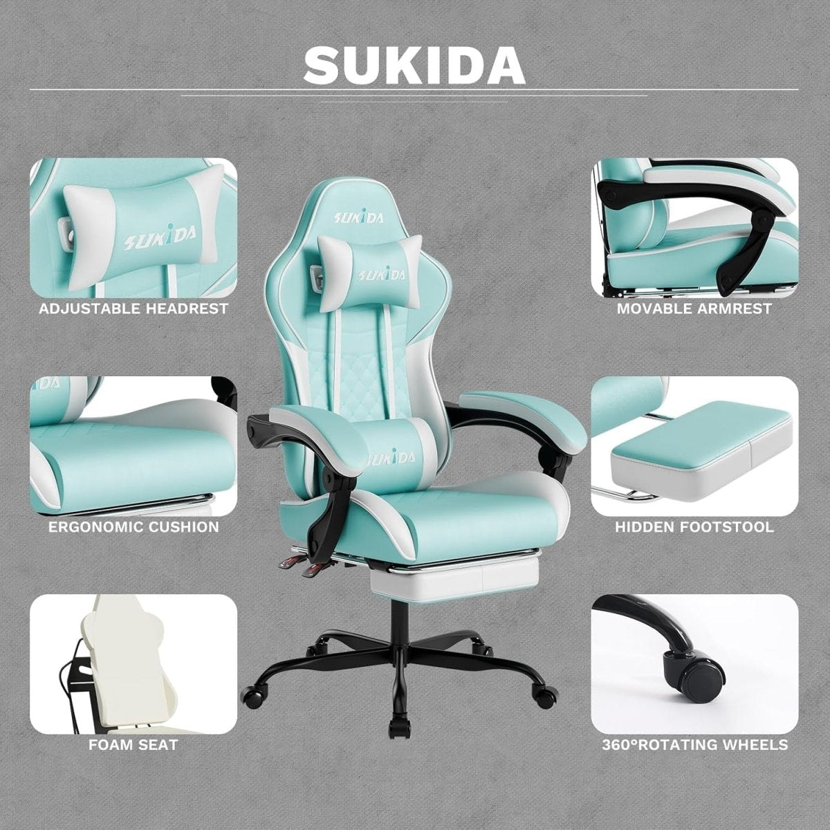 Ergonomic Gaming Chair with Footrest & Massage – Light Blue PC Seat - Kwikley