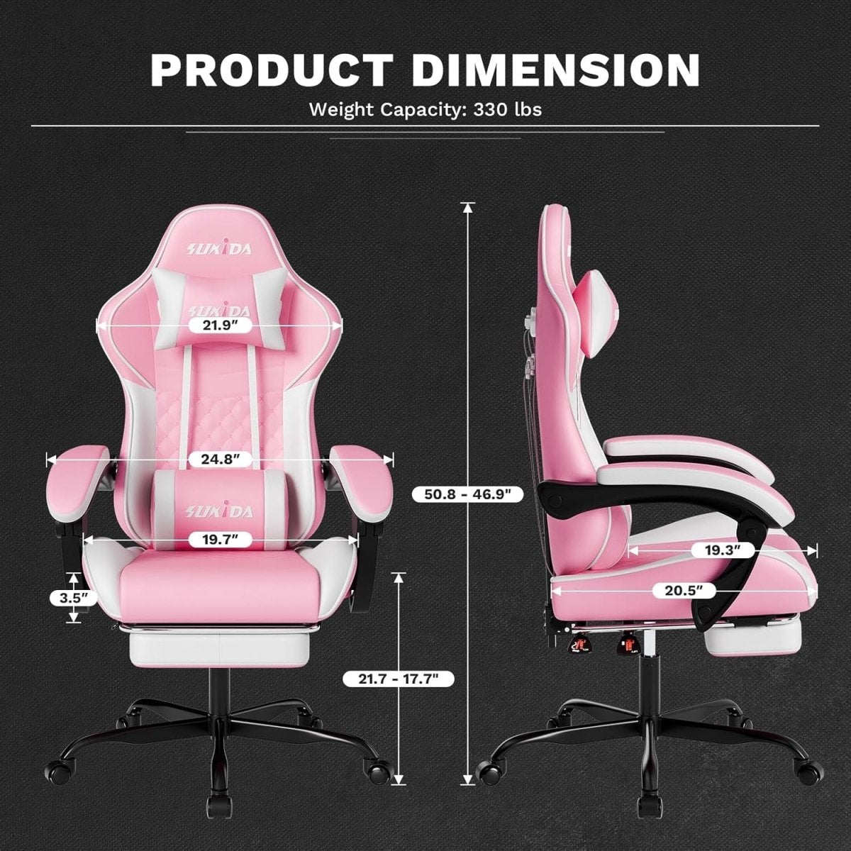 Ergonomic Gaming Chair with Footrest & Massage – Pink White PC Seat - Kwikley