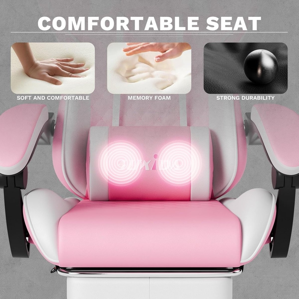 Ergonomic Gaming Chair with Footrest & Massage – Pink White PC Seat - Kwikley