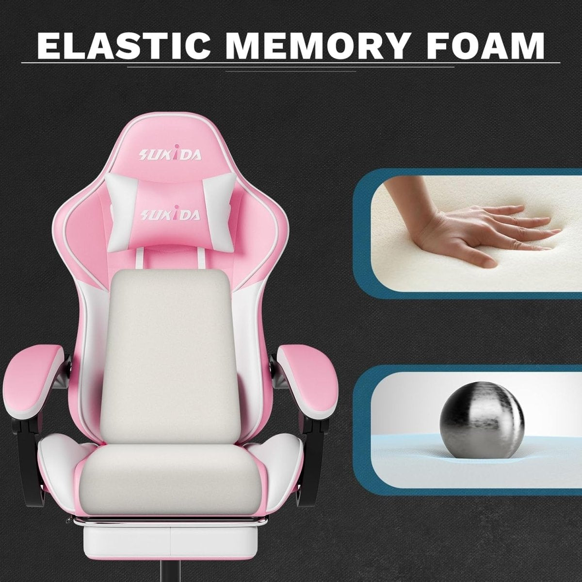 Ergonomic Gaming Chair with Footrest & Massage – Pink White PC Seat - Kwikley