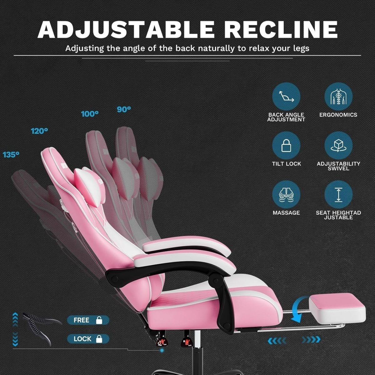 Ergonomic Gaming Chair with Footrest & Massage – Pink White PC Seat - Kwikley