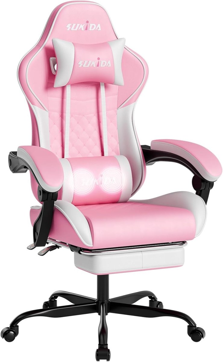 Ergonomic Gaming Chair with Footrest & Massage – Pink White PC Seat - Kwikley