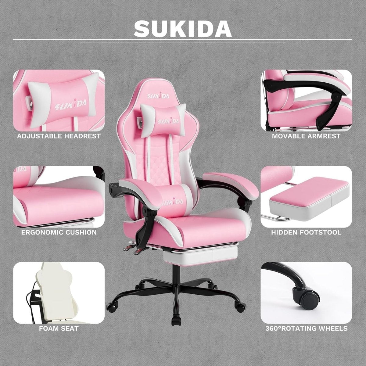 Ergonomic Gaming Chair with Footrest & Massage – Pink White PC Seat - Kwikley