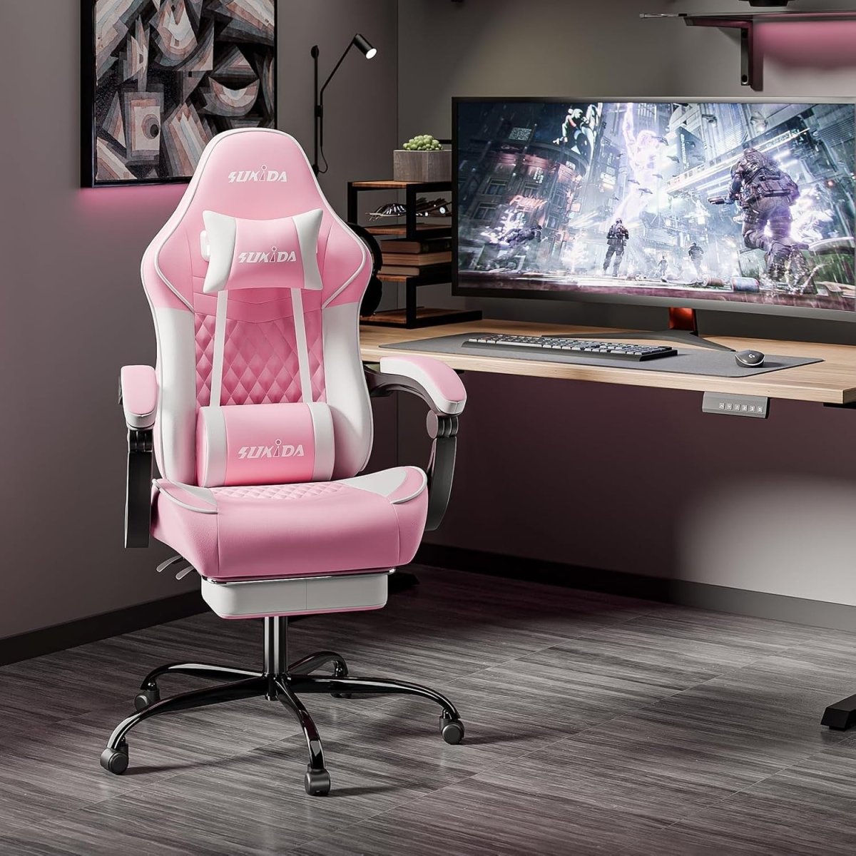 Ergonomic Gaming Chair with Footrest & Massage – Pink White PC Seat - Kwikley