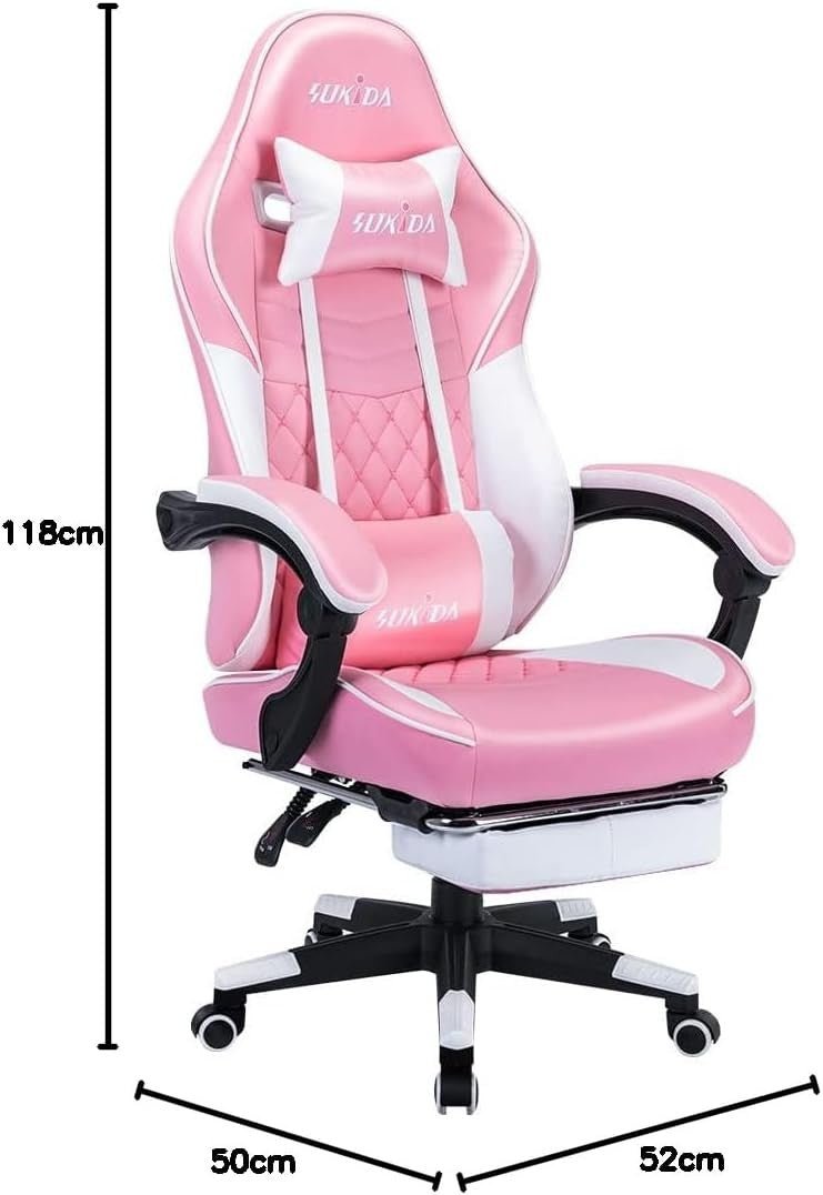 Ergonomic Gaming Chair with Footrest & Massage – Pink White PC Seat - Kwikley