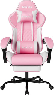 Ergonomic Gaming Chair with Footrest & Massage – Pink White PC Seat - Kwikley