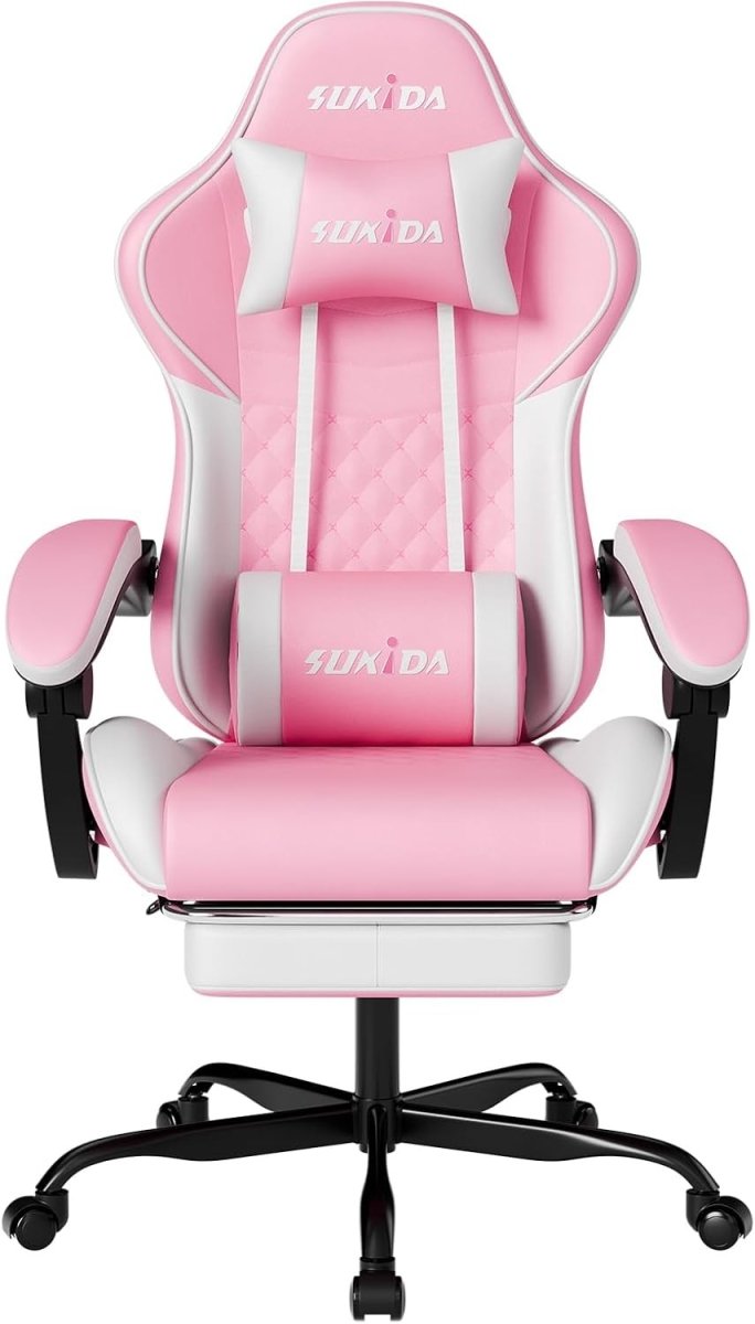 Ergonomic Gaming Chair with Footrest & Massage – Pink White PC Seat - Kwikley