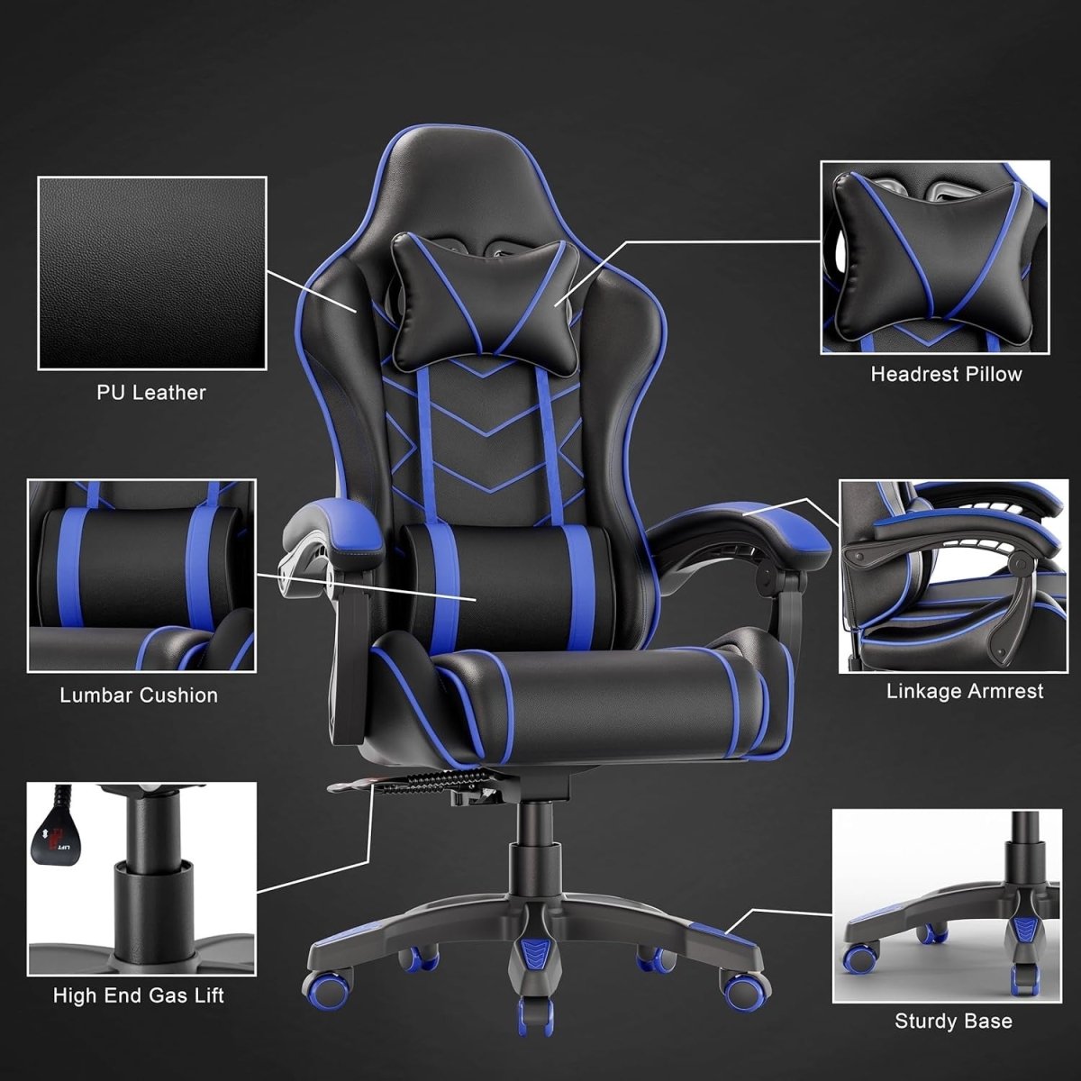 Ergonomic Gaming Office Chair Reclining Swivel Blue Faux Leather - Kwikley