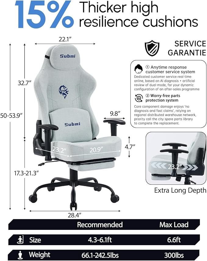 Ergonomic Light Grey Gaming Chair High Back Recliner with Footrest - Kwikley