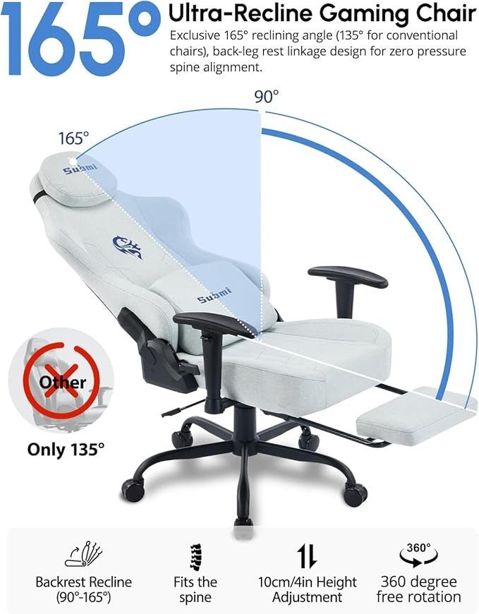 Ergonomic Light Grey Gaming Chair High Back Recliner with Footrest - Kwikley
