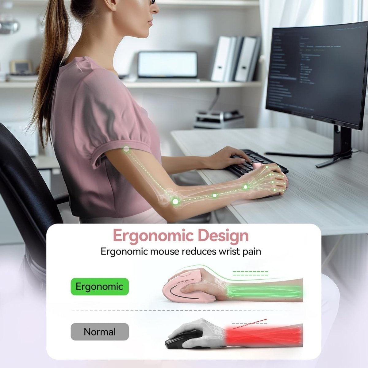 Ergonomic Vertical Wireless Mouse 4800 DPI Silent Rechargeable Pink - Kwikley