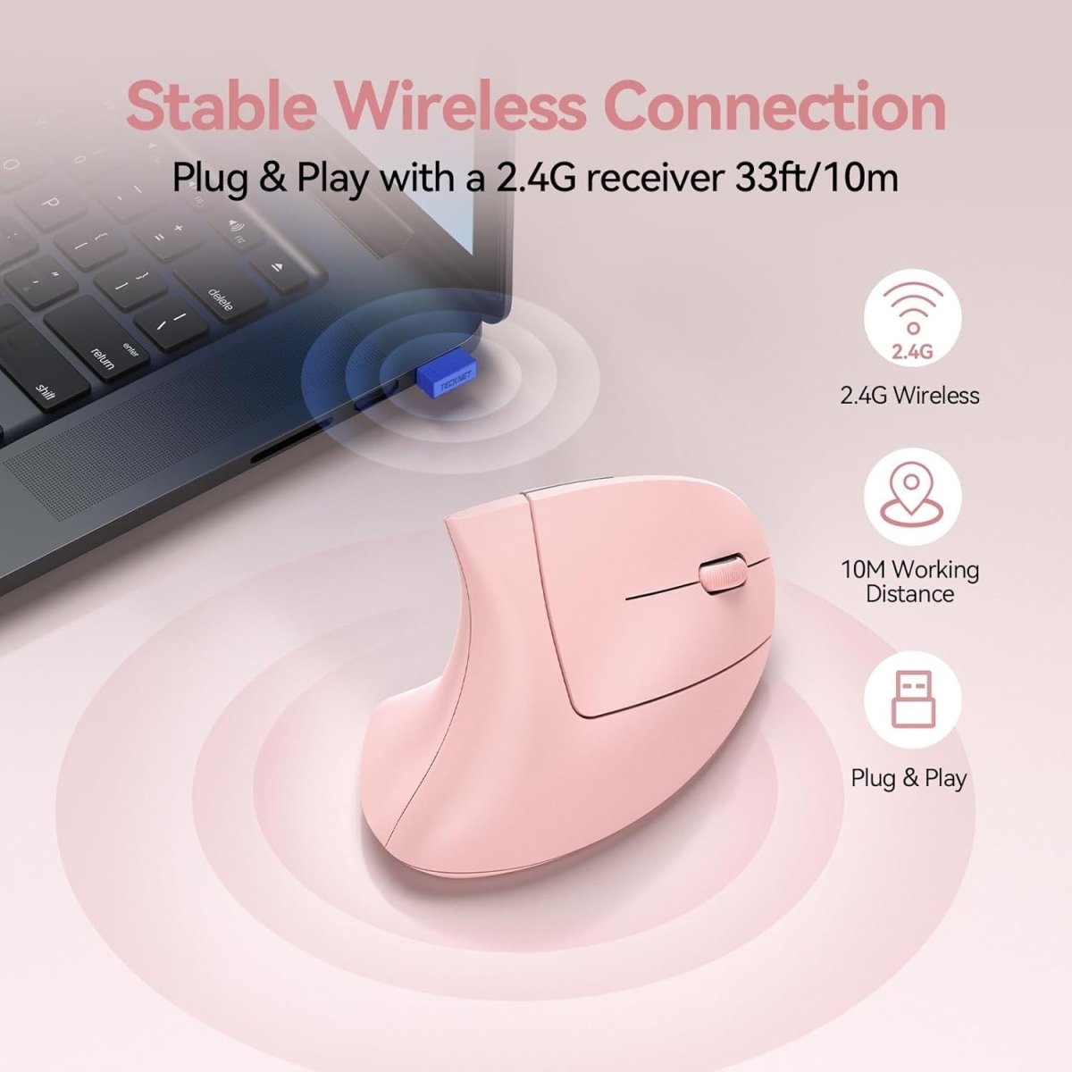 Ergonomic Vertical Wireless Mouse 4800 DPI Silent Rechargeable Pink - Kwikley