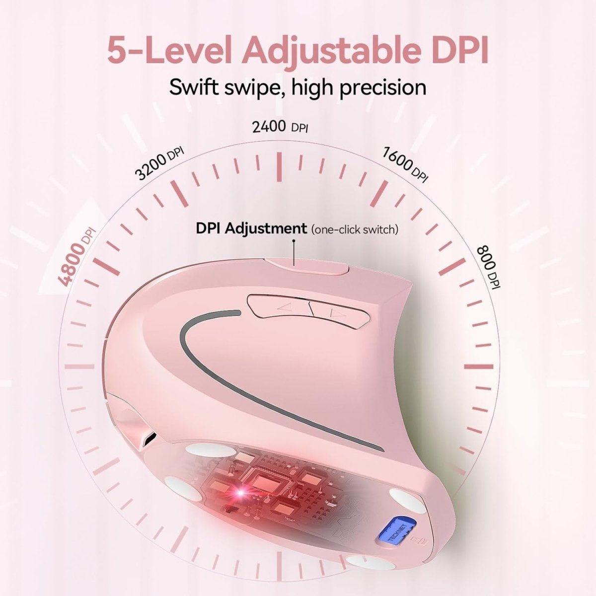Ergonomic Vertical Wireless Mouse 4800 DPI Silent Rechargeable Pink - Kwikley