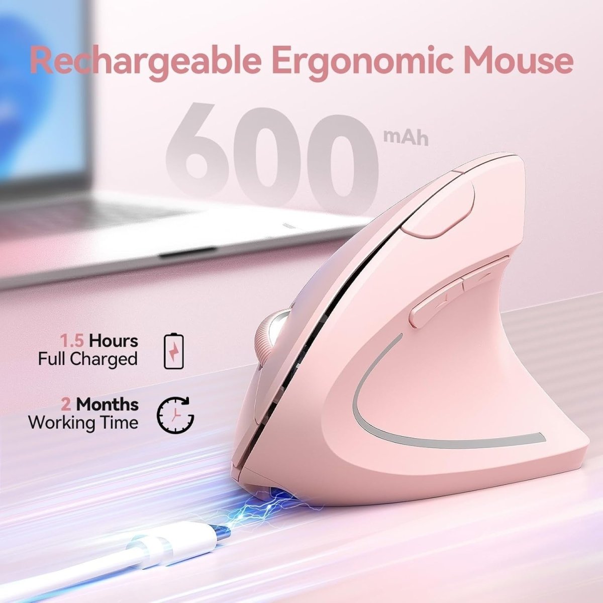 Ergonomic Vertical Wireless Mouse 4800 DPI Silent Rechargeable Pink - Kwikley