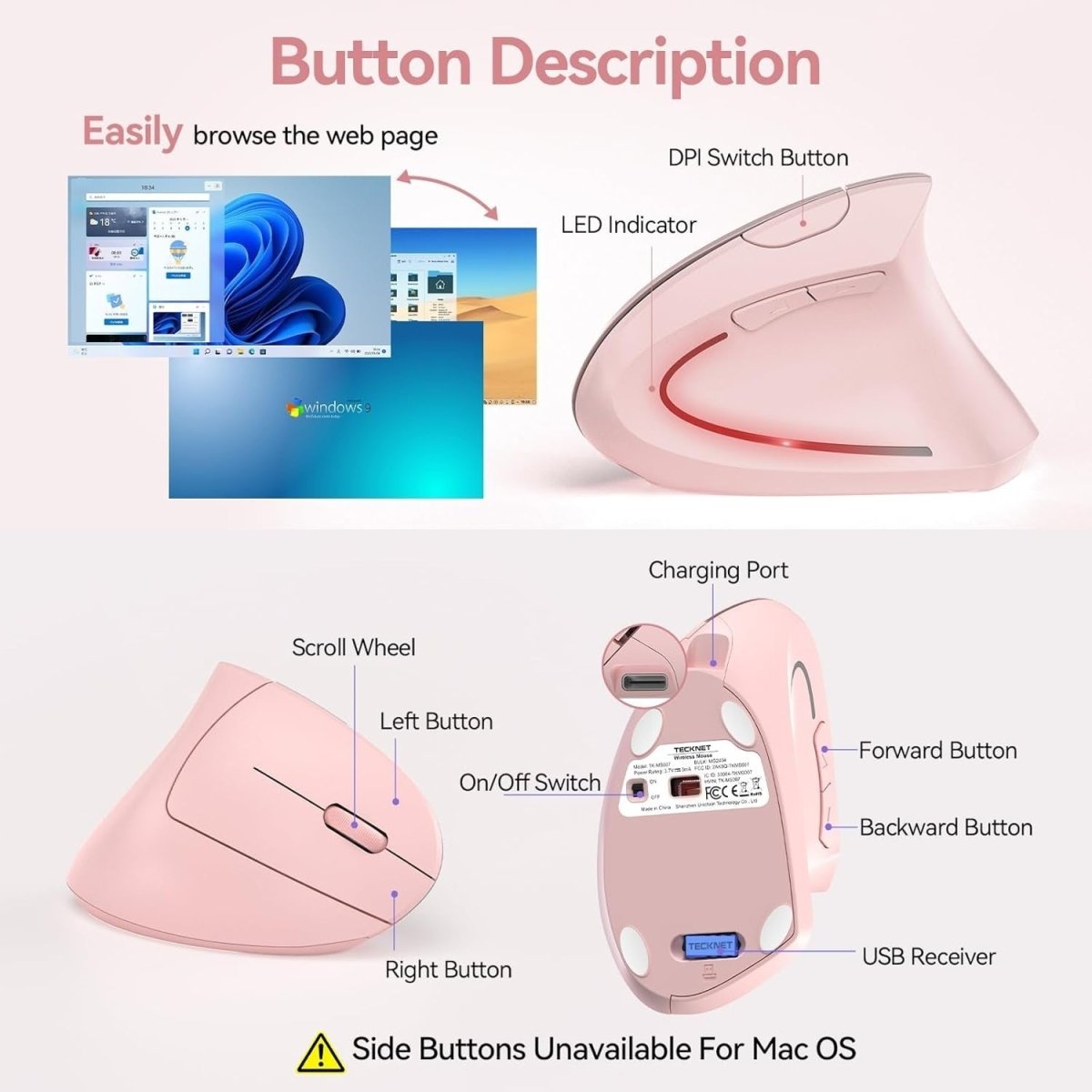 Ergonomic Vertical Wireless Mouse 4800 DPI Silent Rechargeable Pink - Kwikley
