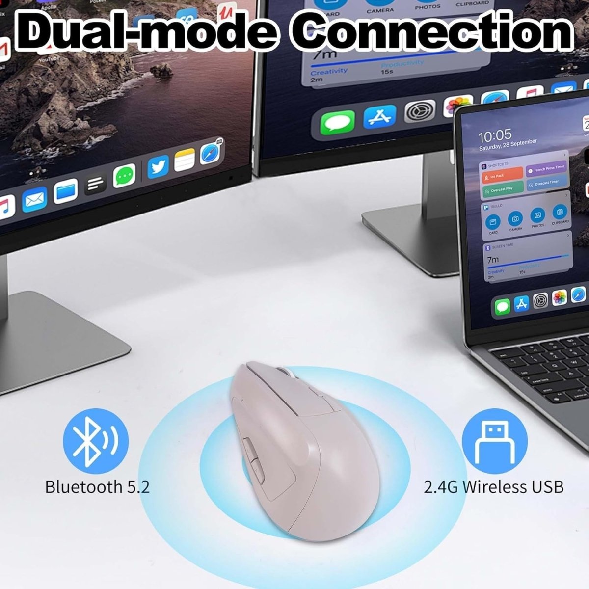Ergonomic Vertical Wireless Mouse Bluetooth Silent Rechargeable 7 Button - Kwikley
