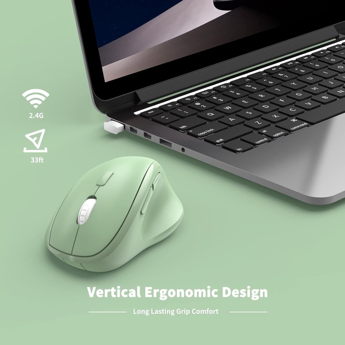 Ergonomic Vertical Wireless Mouse Silent 1600 DPI USB Green - Kwikley
