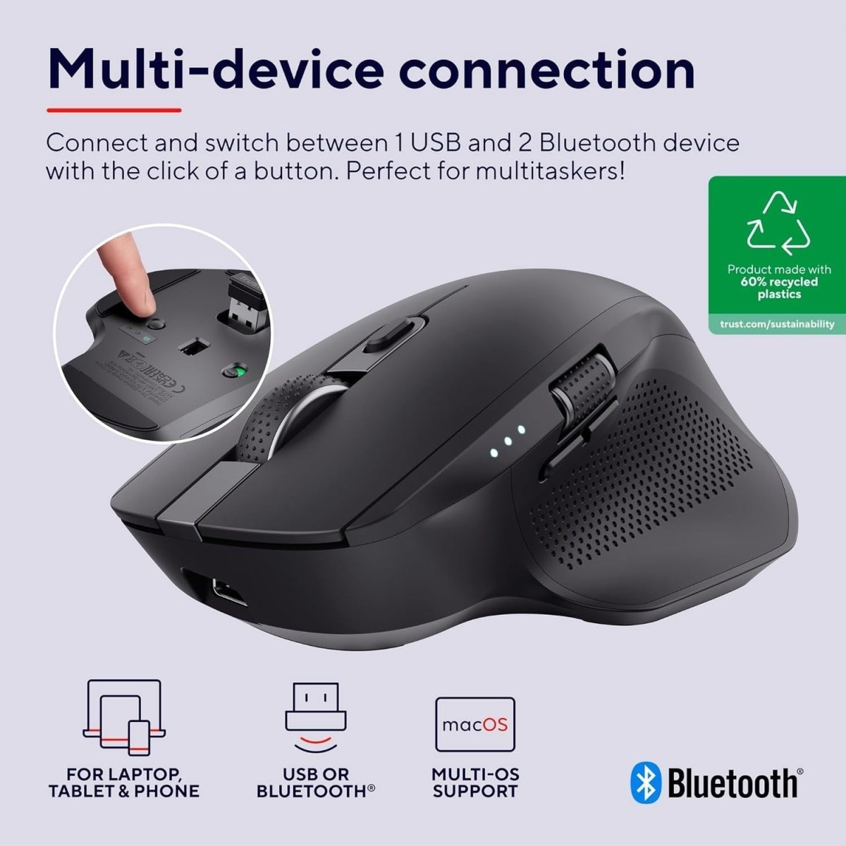 Ergonomic Wireless Bluetooth Mouse Silent Rechargeable 3 Device - Kwikley