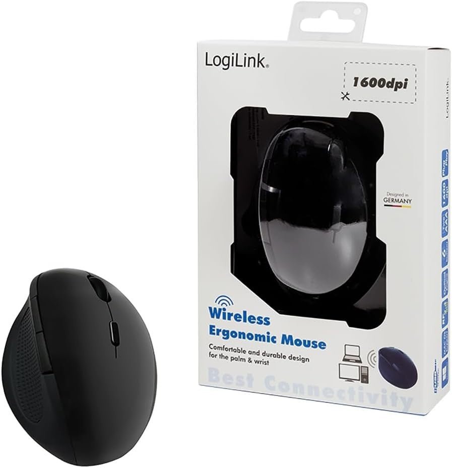 Ergonomic Wireless Mouse 2.4GHz 1600 DPI Optical Black - Kwikley