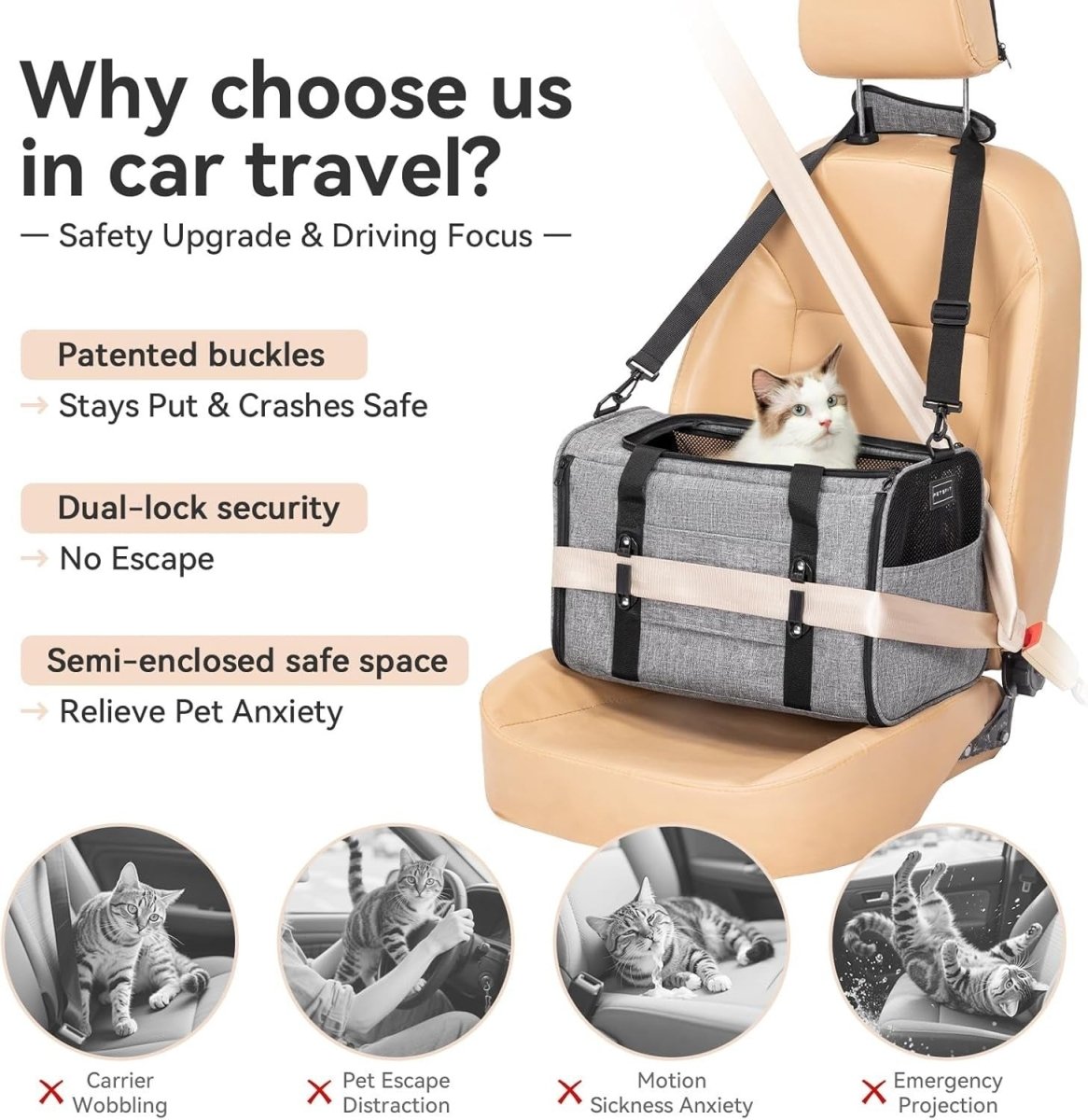 Escape Proof Cat Car Carrier Travel Seat Soft Pet Carrier Grey - Kwikley