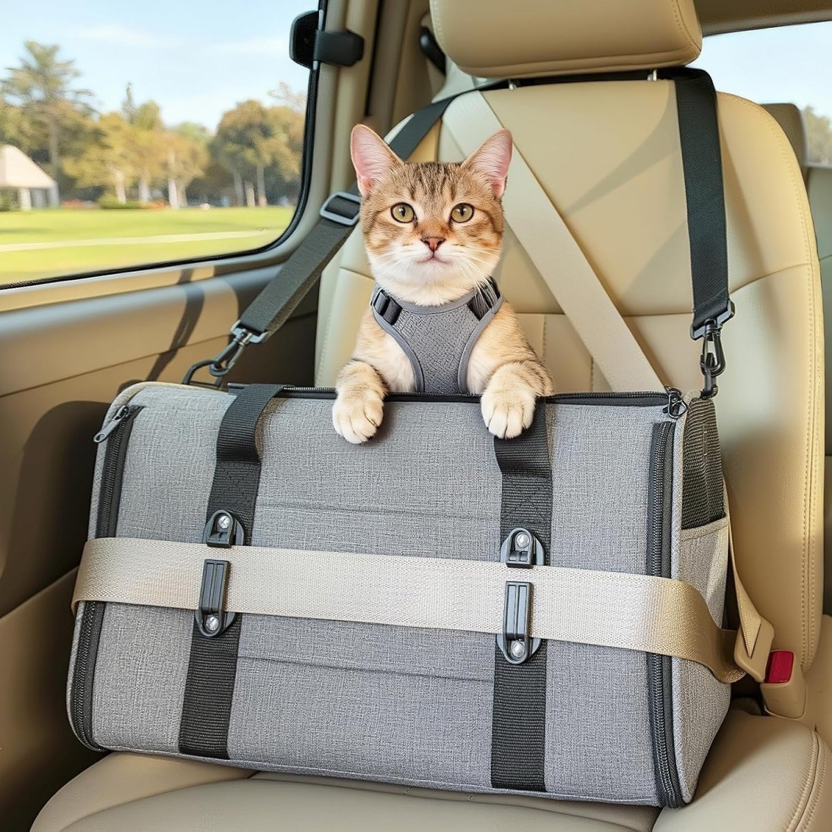 Escape Proof Cat Car Carrier Travel Seat Soft Pet Carrier Grey - Kwikley