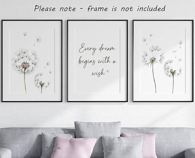 Eviepops Dandelion Quote Wall Art Set of 3 A4 Prints Home Decor - Kwikley