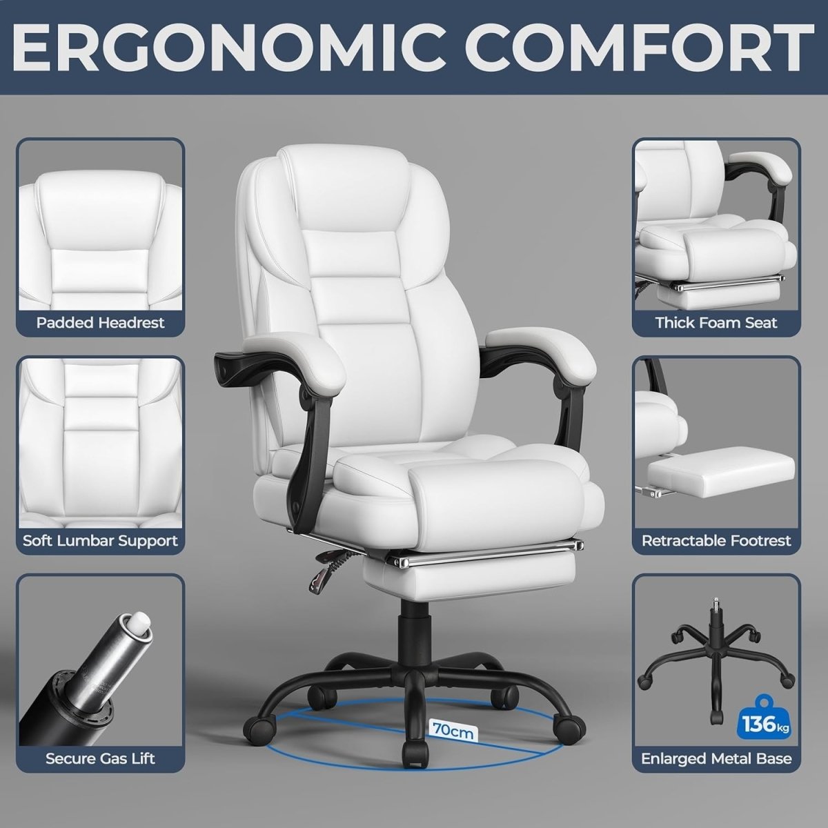 Executive Office Chair High Back w/ Footrest Lumbar Support - Kwikley