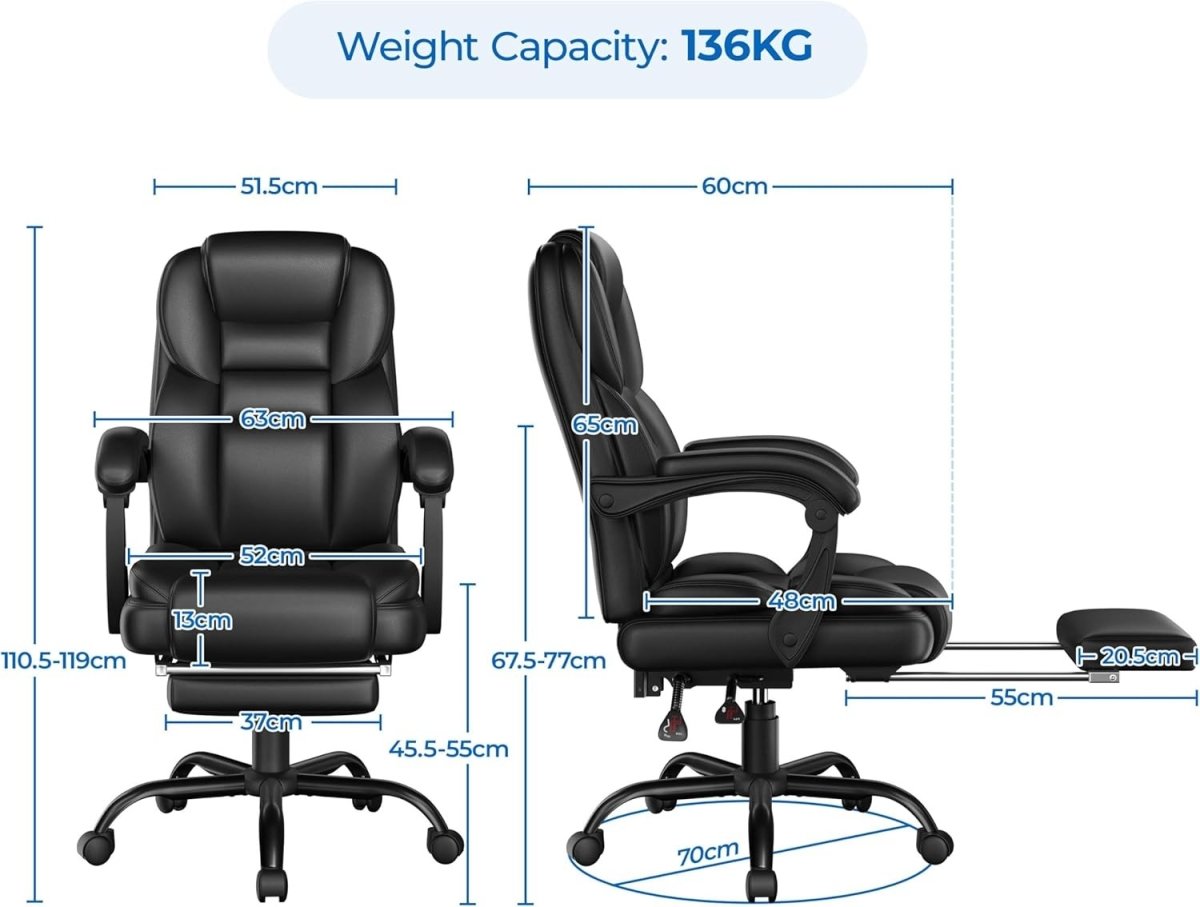 Executive Office Chair Recliner w/ Footrest Lumbar Support - Kwikley