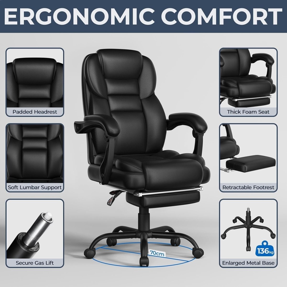 Executive Office Chair Recliner w/ Footrest Lumbar Support - Kwikley
