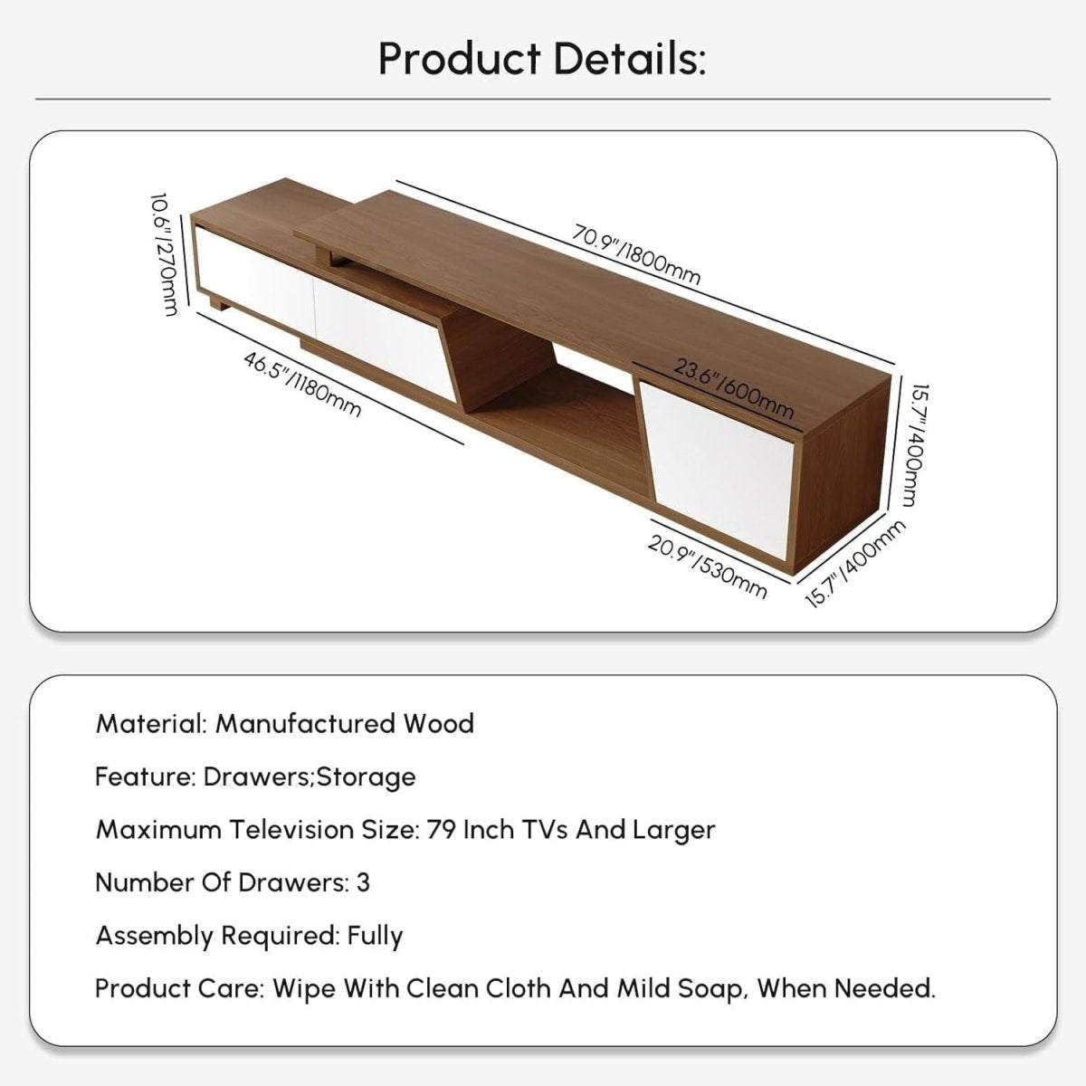 Extendable TV Stand White & Walnut Modern Entertainment Console up to 110" - Kwikley