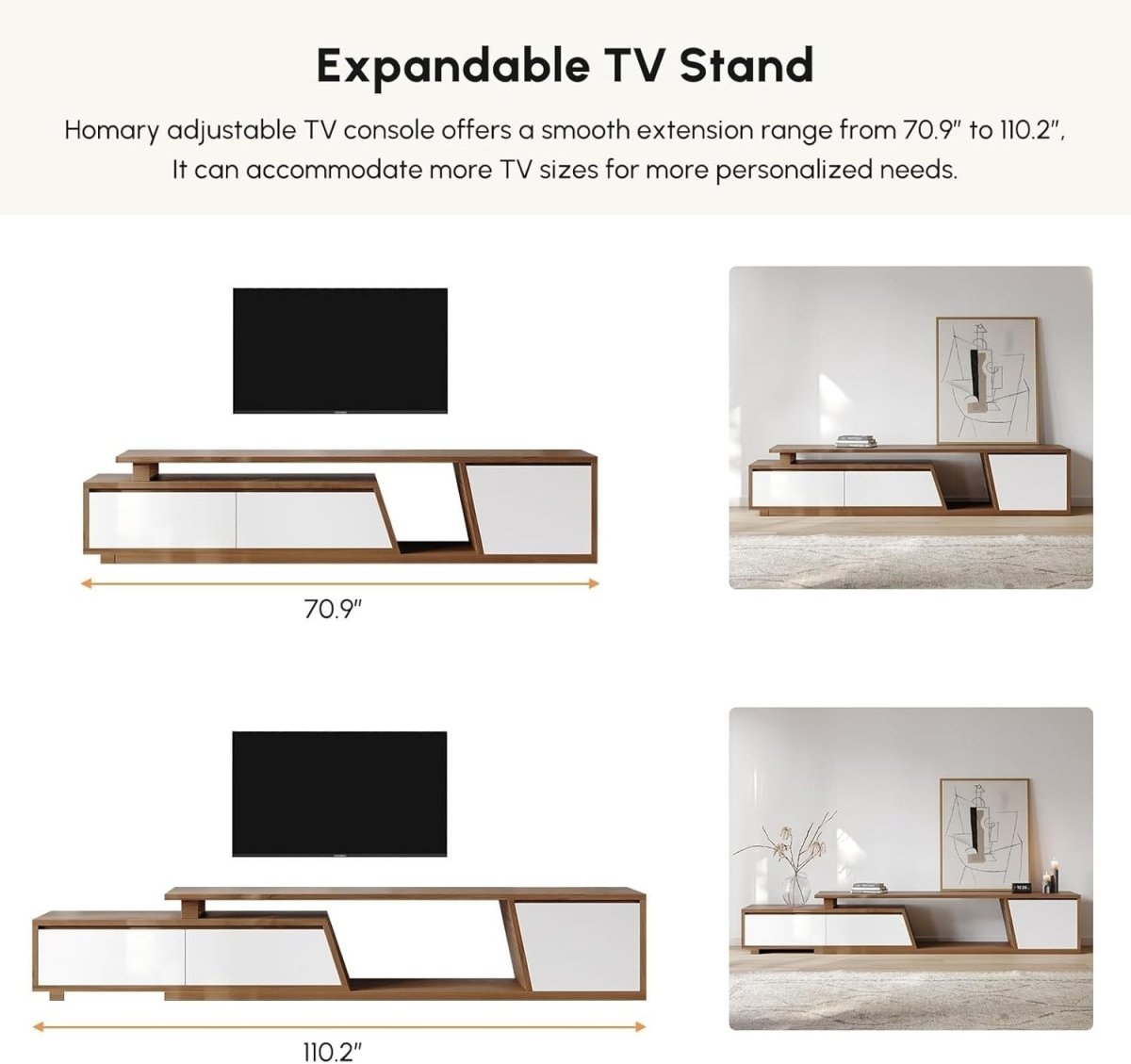 Extendable TV Stand White & Walnut Modern Entertainment Console up to 110" - Kwikley