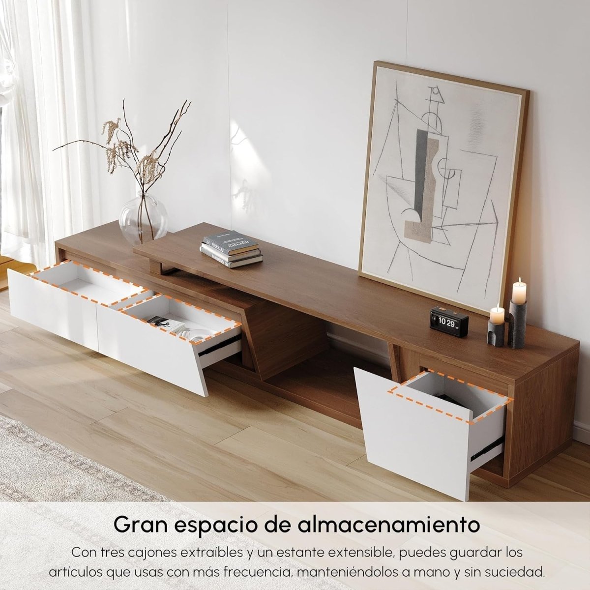 Extendable TV Stand White & Walnut Modern Entertainment Console up to 110" - Kwikley