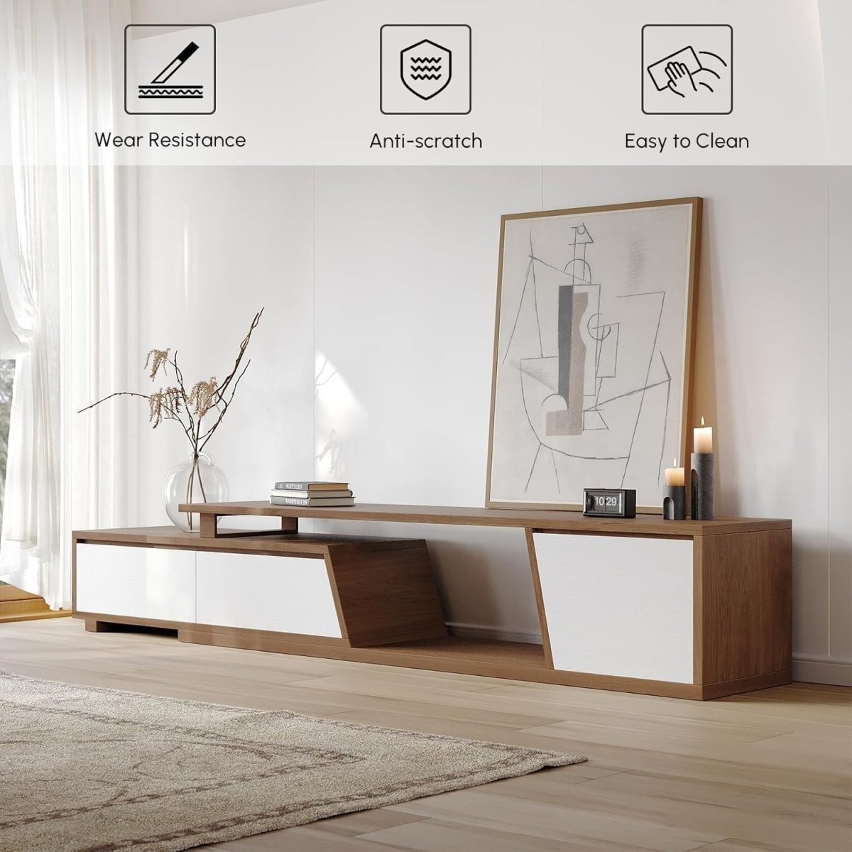Extendable TV Stand White & Walnut Modern Entertainment Console up to 110" - Kwikley
