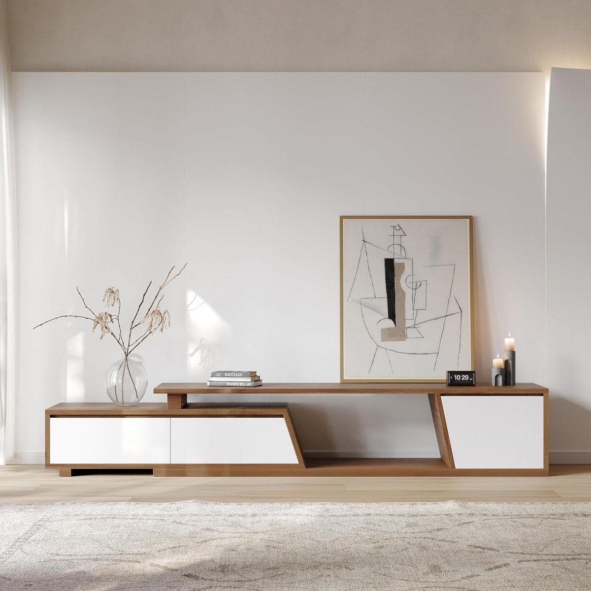 Extendable TV Stand White & Walnut Modern Entertainment Console up to 110" - Kwikley