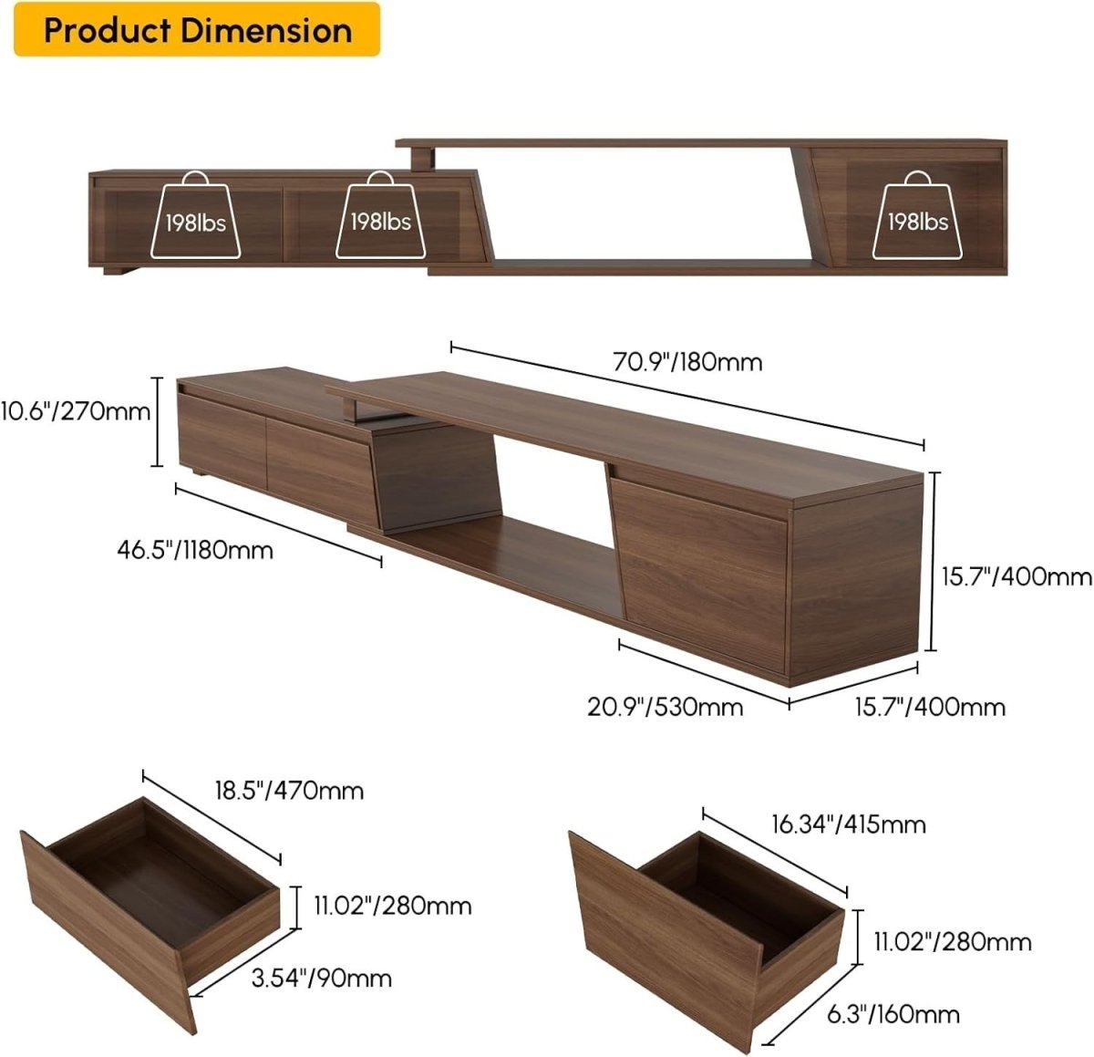 Extendable Walnut TV Stand Up to 110" with 3 Drawers & Storage Shelf - Kwikley