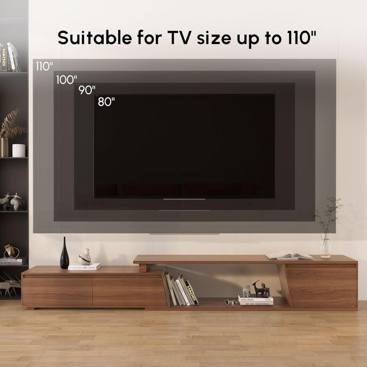 Extendable Walnut TV Stand Up to 110" with 3 Drawers & Storage Shelf - Kwikley