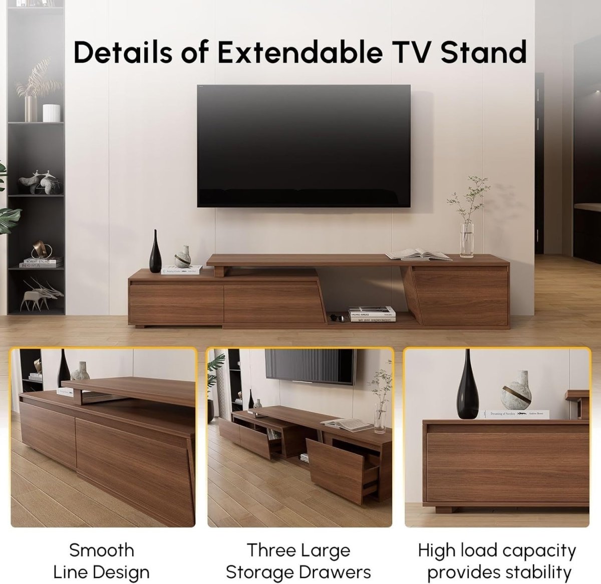 Extendable Walnut TV Stand Up to 110" with 3 Drawers & Storage Shelf - Kwikley