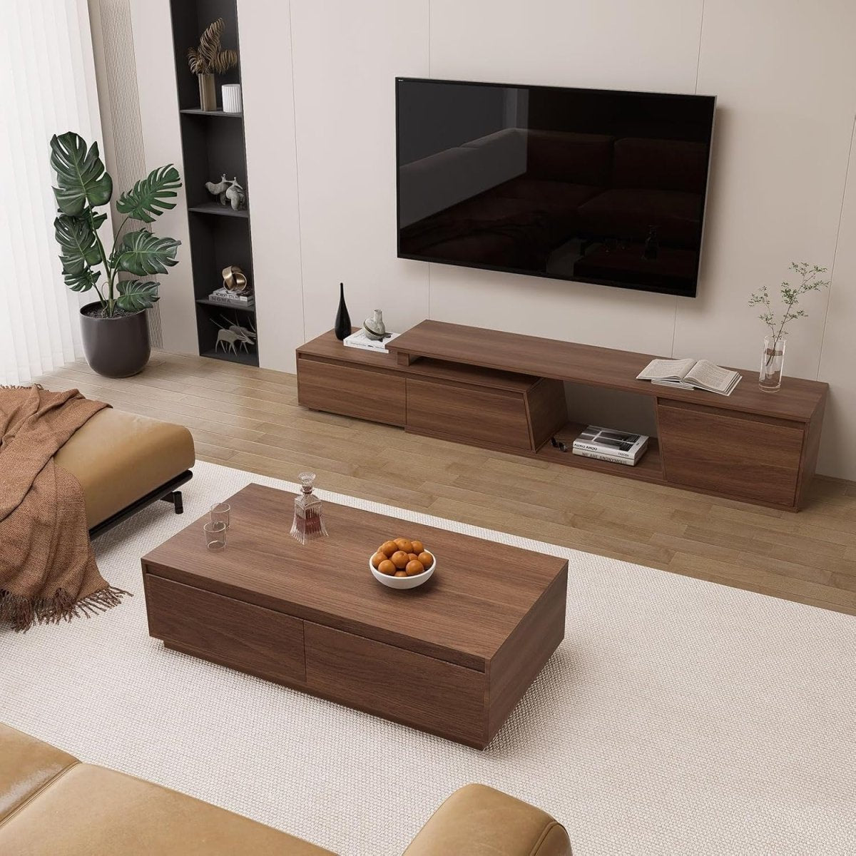 Extendable Walnut TV Stand Up to 110" with 3 Drawers & Storage Shelf - Kwikley