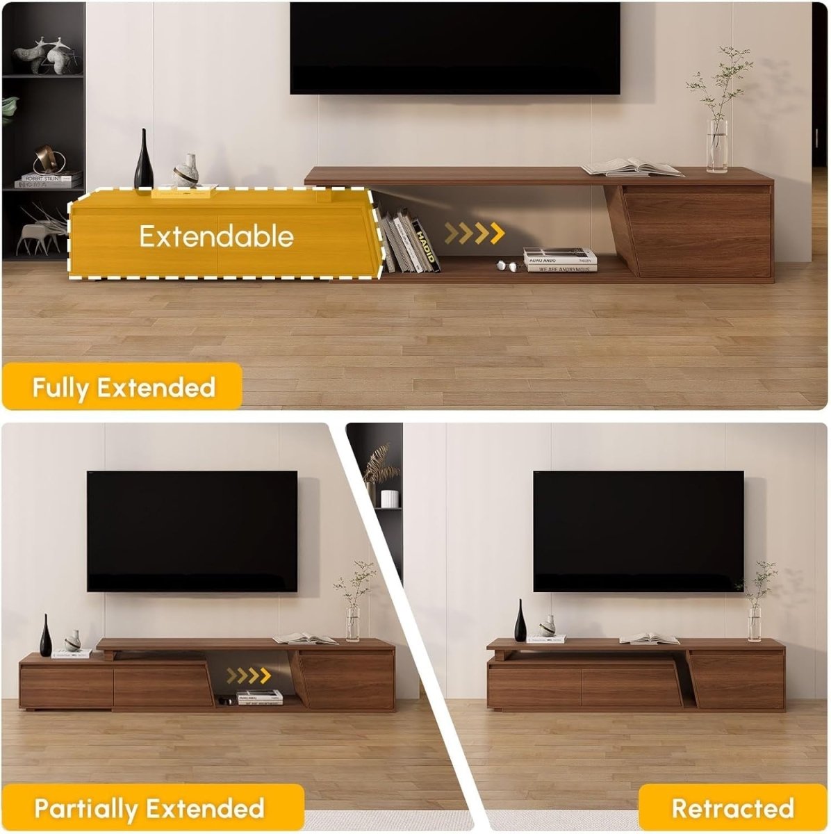 Extendable Walnut TV Stand Up to 110" with 3 Drawers & Storage Shelf - Kwikley