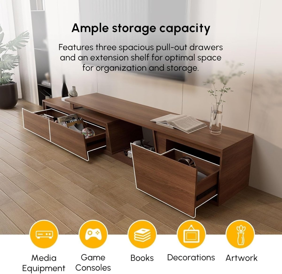 Extendable Walnut TV Stand Up to 110" with 3 Drawers & Storage Shelf - Kwikley