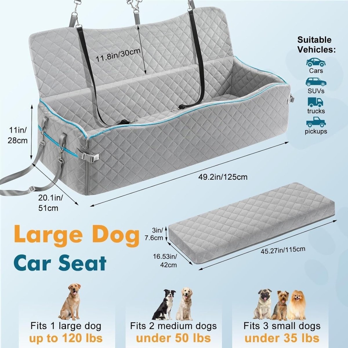 Extra Large Dog Car Bed 120lb Booster Seat Washable Travel Cushion - Kwikley