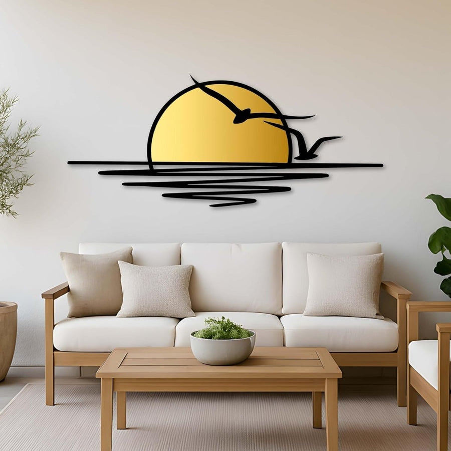 Extra Large Metal Wall Art Sunrise Birds Black Gold Decor - Kwikley